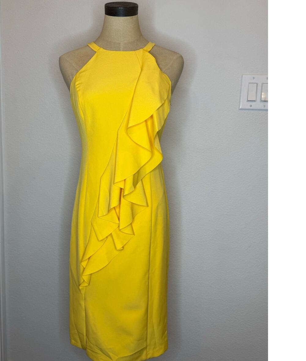 VINCE CAMUTO Yellow Gold Ruffle front Midi Dress Women size 2